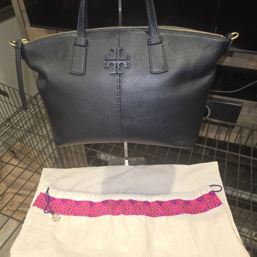 Tory Burch Black Leather Tote Bag NWOT All Hardware In Plastic.Dust Bag + COA